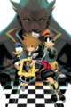 Sora, Donald, Goofy, and Ansem, Seeker of Darkness, on the cover of the sixth volume of the Kingdom Hearts II manga.