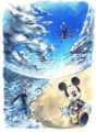 Sora falling from the sky with Riku and Mickey nearby in the "Distance" promotional artwork.
