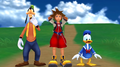 Sora, Donald, and Goofy walk through the plains as they formulate a plan to find Riku and Mickey.
