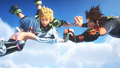 Aqua, Terra, and Ventus happily skydiving in the intro.