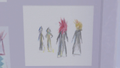 Naminé's drawing of Axel, Roxas, and two unknown figures in black coats.