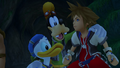 Sora and Donald apologize for their previous argument, uniting the group once again.