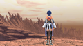 Aqua in front of a crater created during the Keyblade War.
