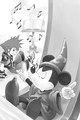 Sora finds Mickey trapped by darkness in a musical book, in an illustration from the first volume of the Kingdom Hearts 3D: Dream Drop Distance novel.