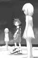Sora encounters two visions of Naminé in the memory-based Destiny Islands, in an illustration from the second volume of the Kingdom Hearts Chain of Memories novel.