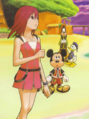 Goofy, Donald, Mickey, and Kairi wait for Sora and Riku's return on the Destiny Islands, in a color illustration from the first Kingdom Hearts II short stories volume.