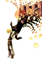 Axel, Roxas, and Xion on the clock tower in the "Reminiscence" promotional artwork.