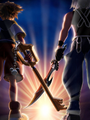 Sora and Riku crossing their weapons in a promotional artwork for Kingdom Hearts 3D: Dream Drop Distance.