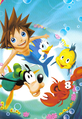 Goofy, Donald, Sora, Flounder, and Sebastian in Atlantica, on the cover of the third volume of the Kingdom Hearts manga.