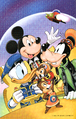 Mickey, Donald, Goofy, Chip, and Dale in the Gummi ship, in an illustration from the Kingdom Hearts χ novel.
