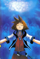 Sora in his Dive to the Heart on the cover of the first volume of the Kingdom Hearts manga.