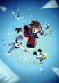 Sora, Riku, Mickey, Donald, and Goofy in a promotional artwork for Kingdom Hearts 3D: Dream Drop Distance.